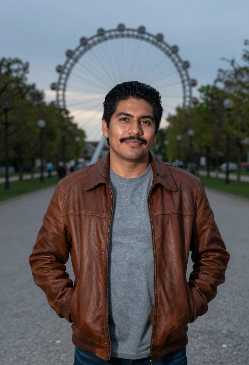 AI before sunrise vienna prater leather jacket sample — portrait of a man, framed half-length from the head to the h