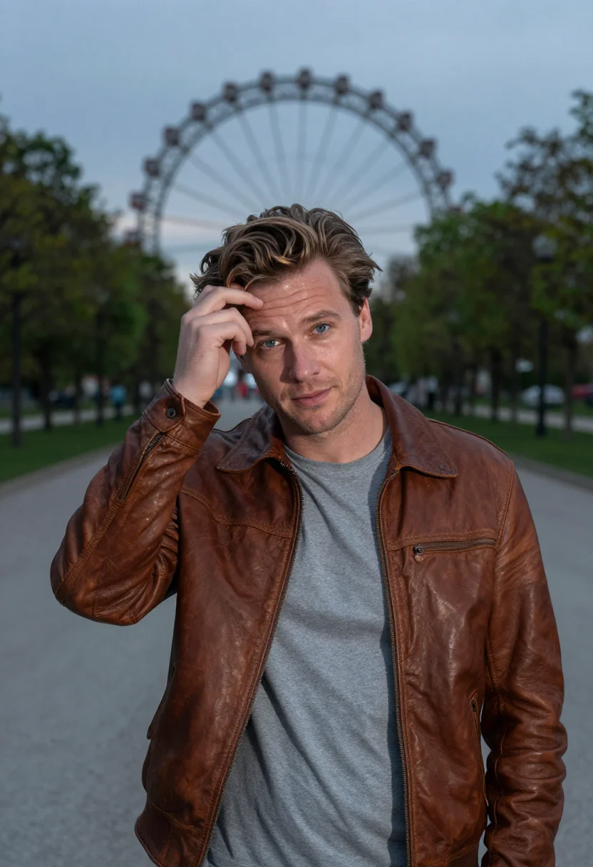 AI before sunrise vienna prater leather jacket sample — portrait of a man, framed chest-up, cropped at the ribs, the