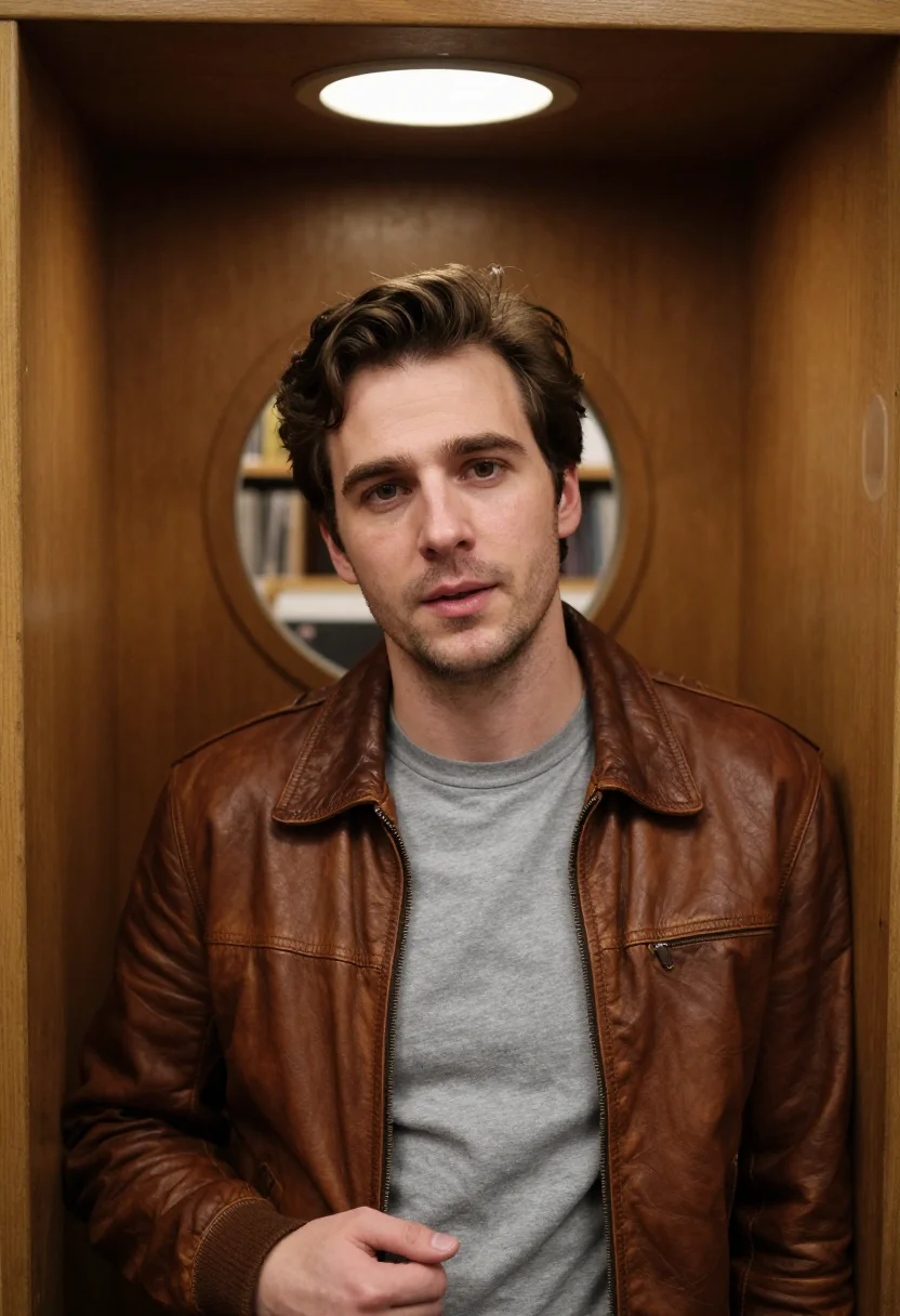 AI before sunrise vienna prater leather jacket sample — portrait of a man, framed chest-up, cropped at the ribs, the