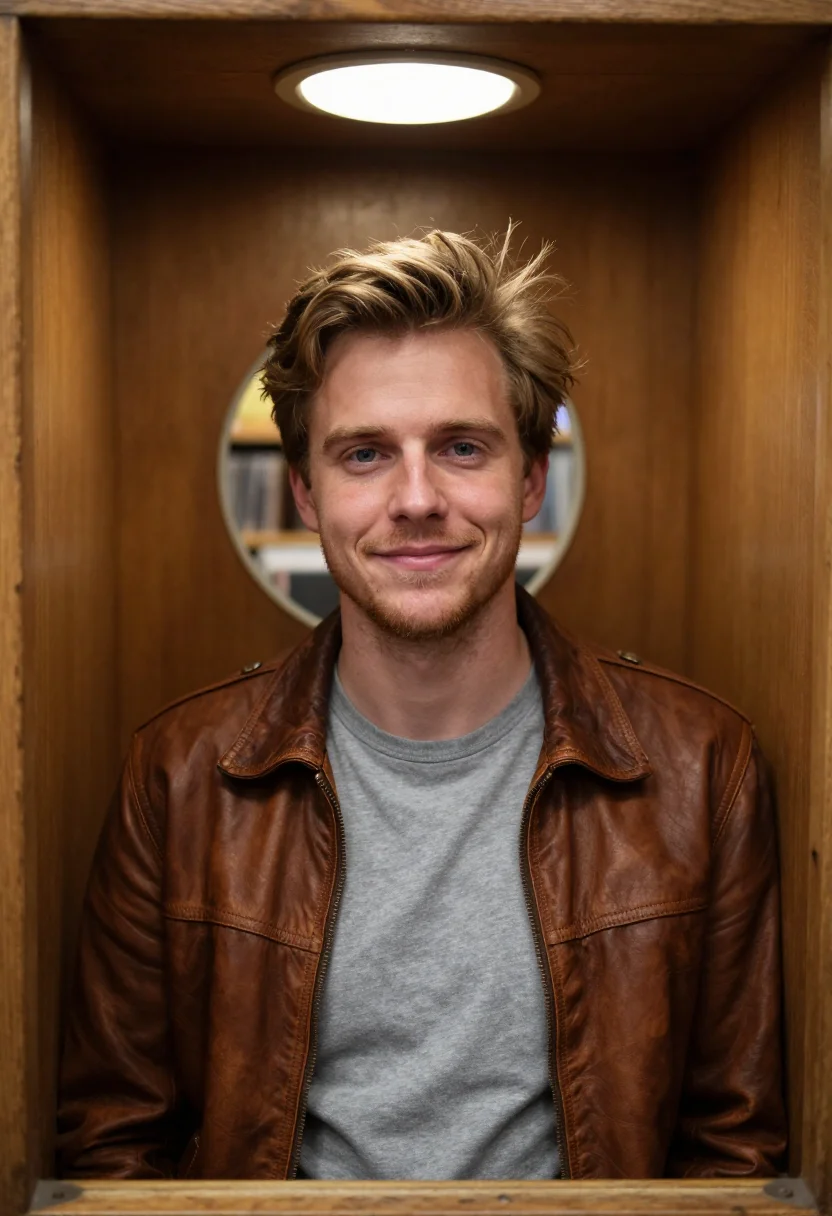 AI before sunrise vienna prater leather jacket sample — portrait of a man, framed tight, head and shoulders, the bod