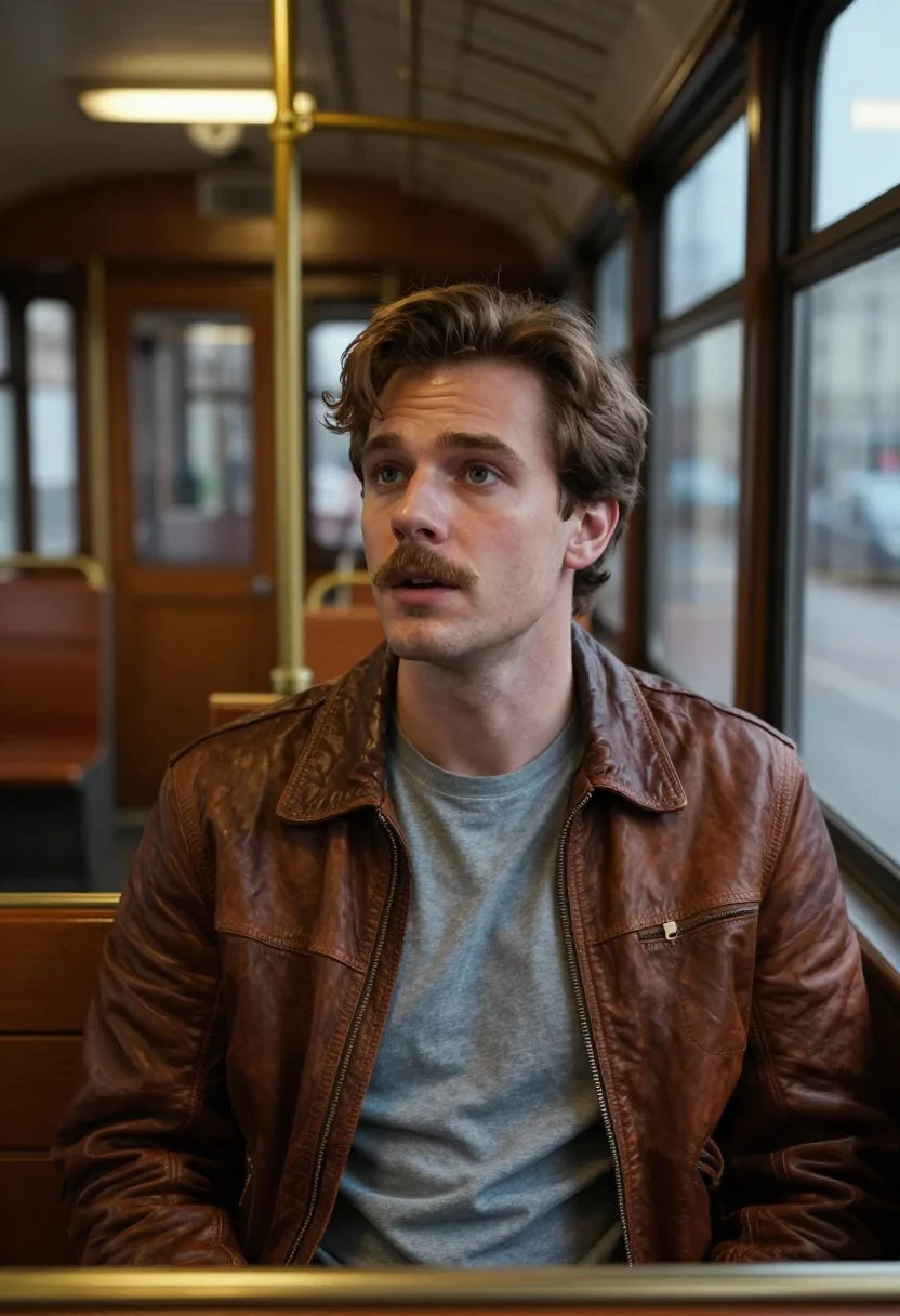 AI before sunrise vienna prater leather jacket sample — portrait of a man, framed chest-up, cropped at the ribs, the