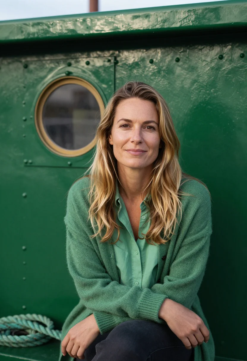 AI before sunset seine peniche green sample — portrait of a woman, framed half-length from the head to the