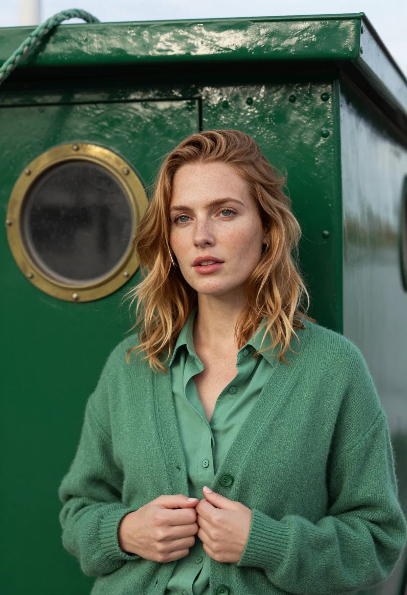 AI before sunset seine peniche green sample — portrait of a woman, framed chest-up, cropped at the ribs, t