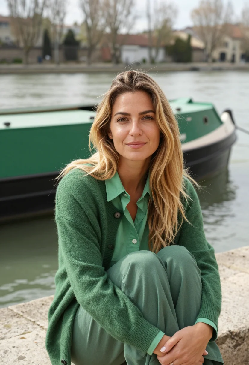 AI before sunset seine peniche green sample — portrait of a woman, framed chest-up, cropped at the ribs, t