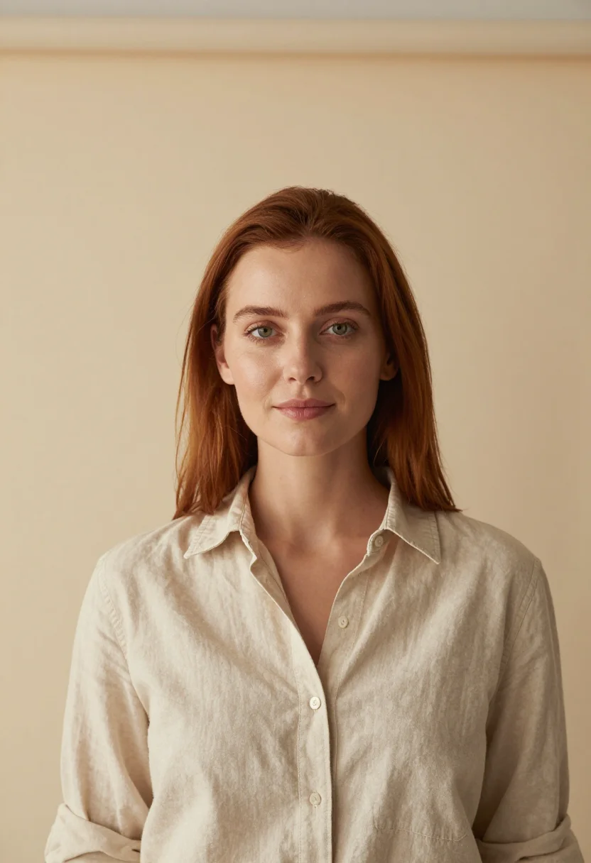 AI beige backdrop headshot sample — head-and-shoulders portrait of a woman in her late twenties