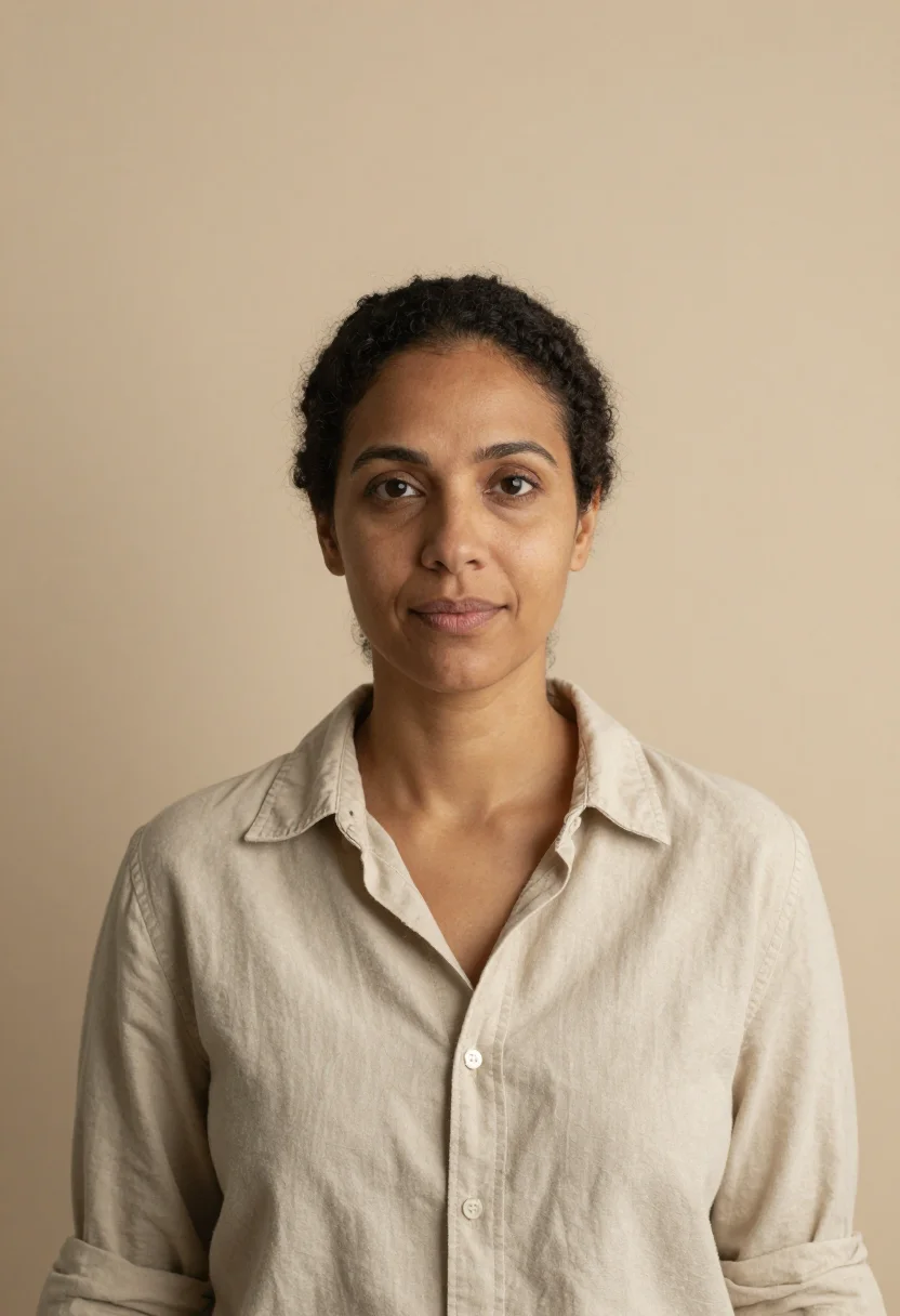 AI beige backdrop headshot sample — head-and-shoulders portrait of a woman in her late thirties