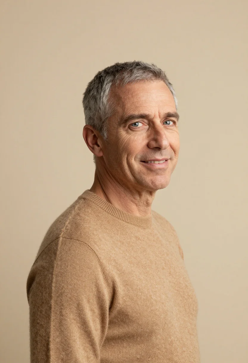 AI beige backdrop headshot sample — head-and-shoulders portrait of a man in his fifties with fai
