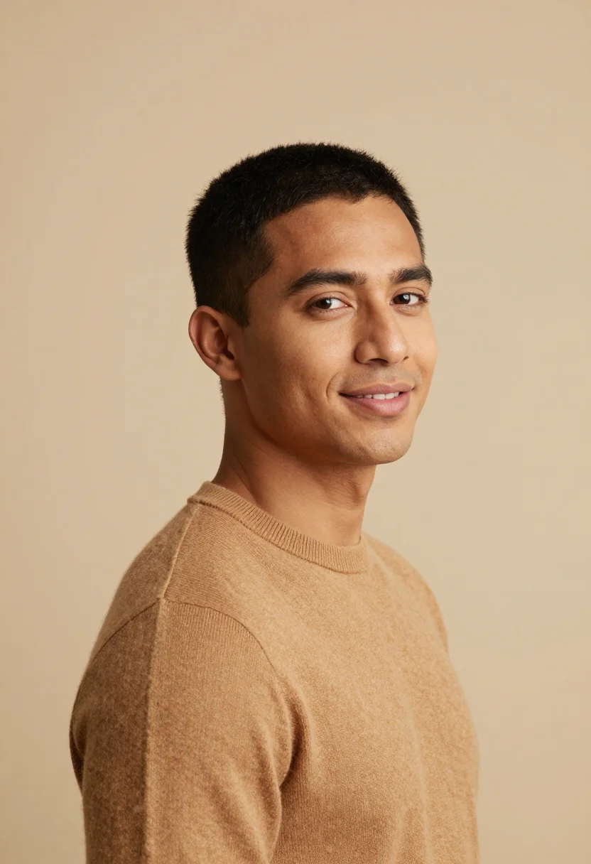 AI beige backdrop headshot sample — head-and-shoulders portrait of a man in his early thirties w