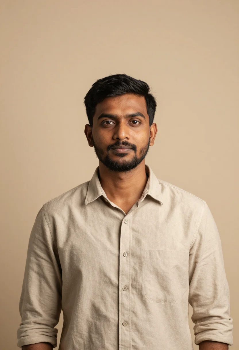 AI beige backdrop headshot sample — head-and-shoulders portrait of a South-Asian man in his thir