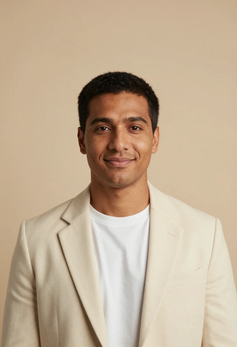 AI beige backdrop headshot sample — head-and-shoulders portrait of a man in his late thirties wi