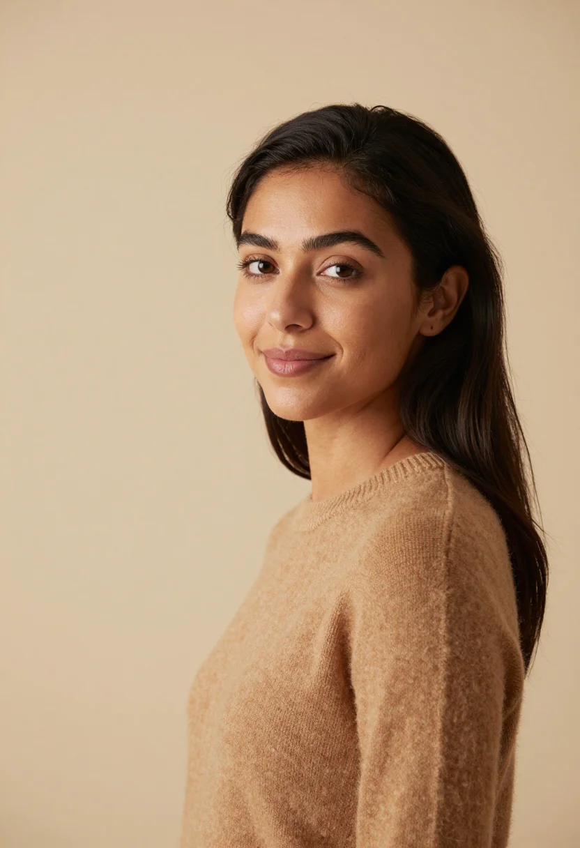 AI beige backdrop headshot sample — head-and-shoulders portrait of a woman in her mid-twenties w