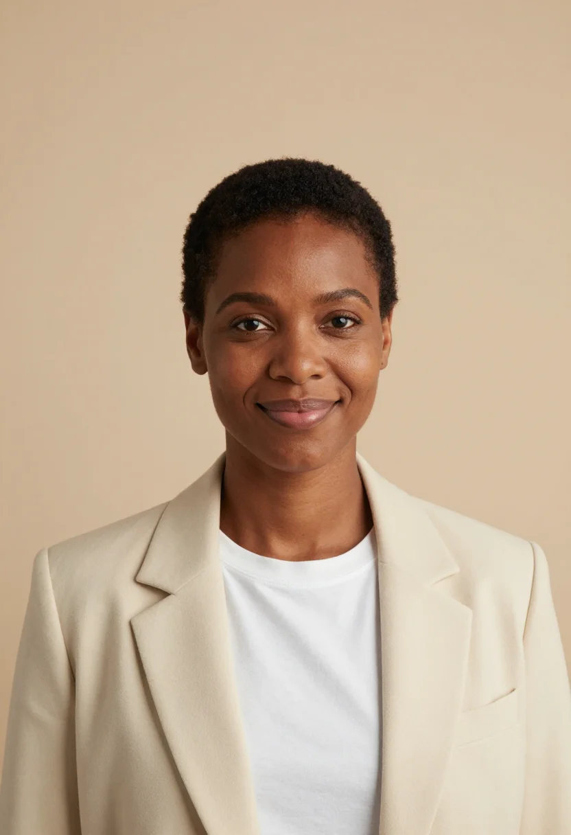 AI beige backdrop headshot sample — head-and-shoulders portrait of a woman in her forties with d
