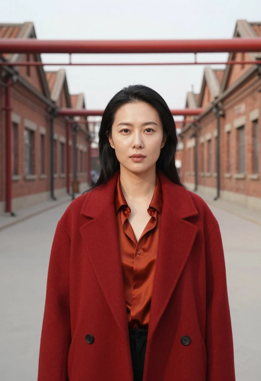 AI beijing 798 gallerist red brick industrial sample — portrait of a woman, a Korean gallerist in her early forties