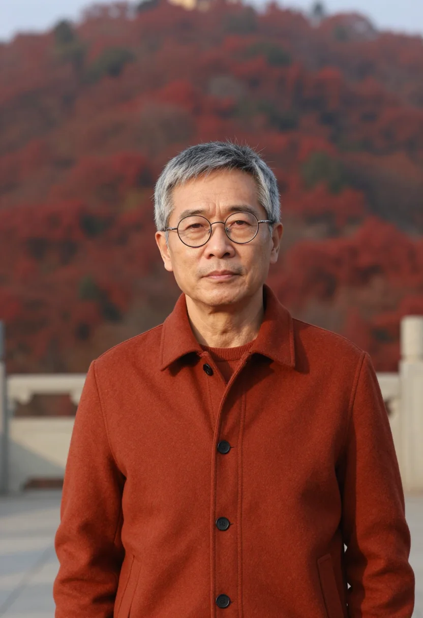 AI beijing fragrant hills professor rust sample — portrait of a man, framed as a tight headshot from the crown
