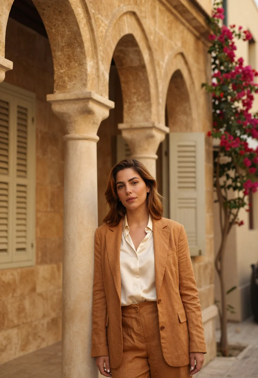 AI beirut architect ochre sandstone triple arch sample — portrait of a woman, an architect of Lebanese descent in her