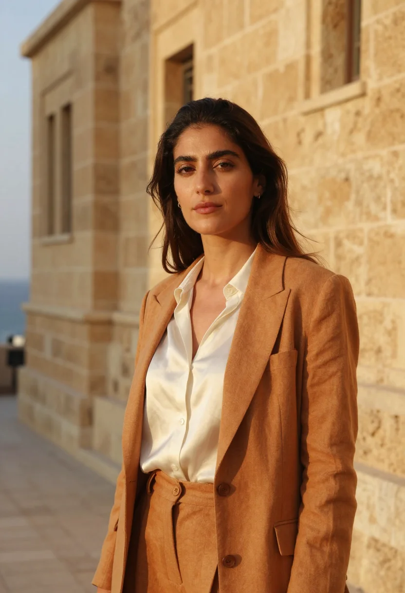 AI beirut architect ochre sandstone triple arch sample — portrait of a woman, an architect of Lebanese descent in her
