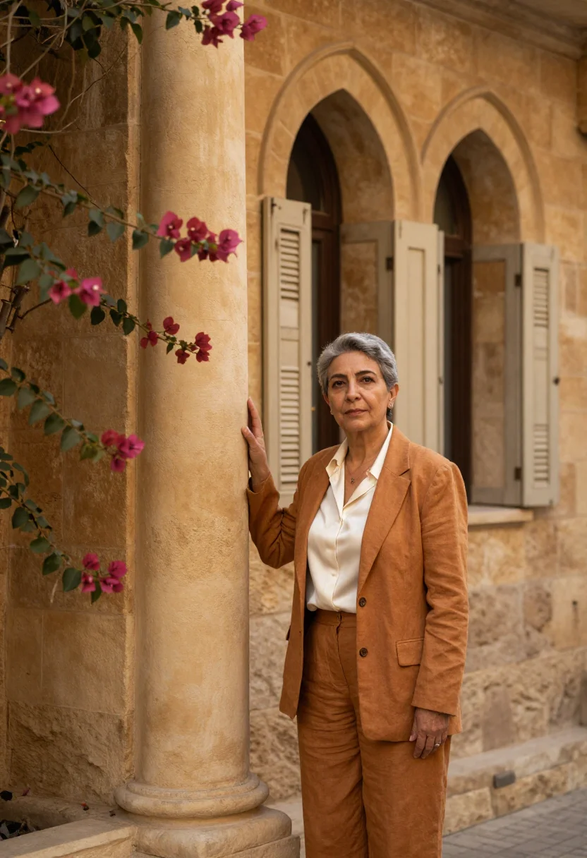 AI beirut architect ochre sandstone triple arch sample — portrait of a woman, an architect of Syrian-Lebanese descent