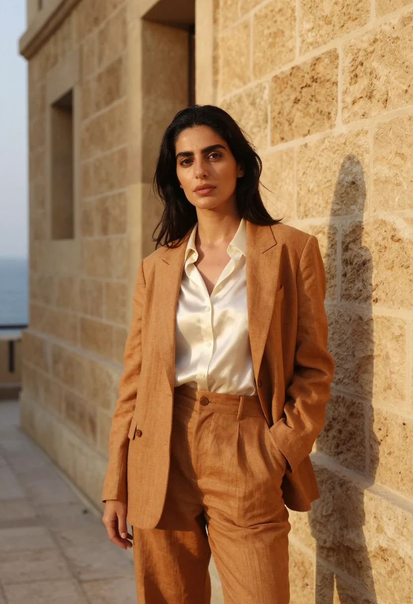 AI beirut architect ochre sandstone triple arch sample — portrait of a woman, an architect of Armenian-Lebanese desce
