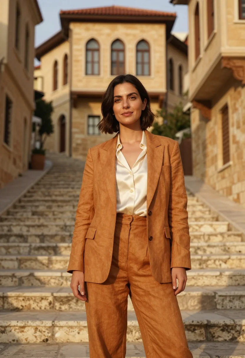AI beirut architect ochre sandstone triple arch sample — portrait of a woman, an architect in her early forties with