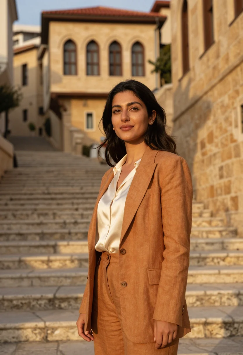 AI beirut architect ochre sandstone triple arch sample — portrait of a woman, an architect of Lebanese descent in her
