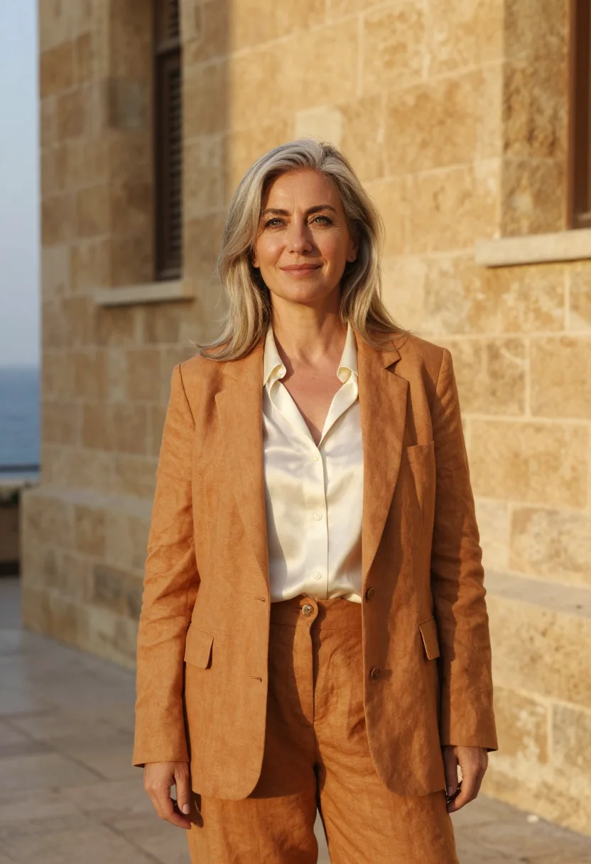 AI beirut architect ochre sandstone triple arch sample — portrait of a woman, an architect in her early fifties with