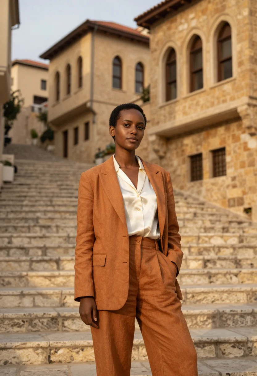 AI beirut architect ochre sandstone triple arch sample — portrait of a woman, an architect of Ethiopian descent in he