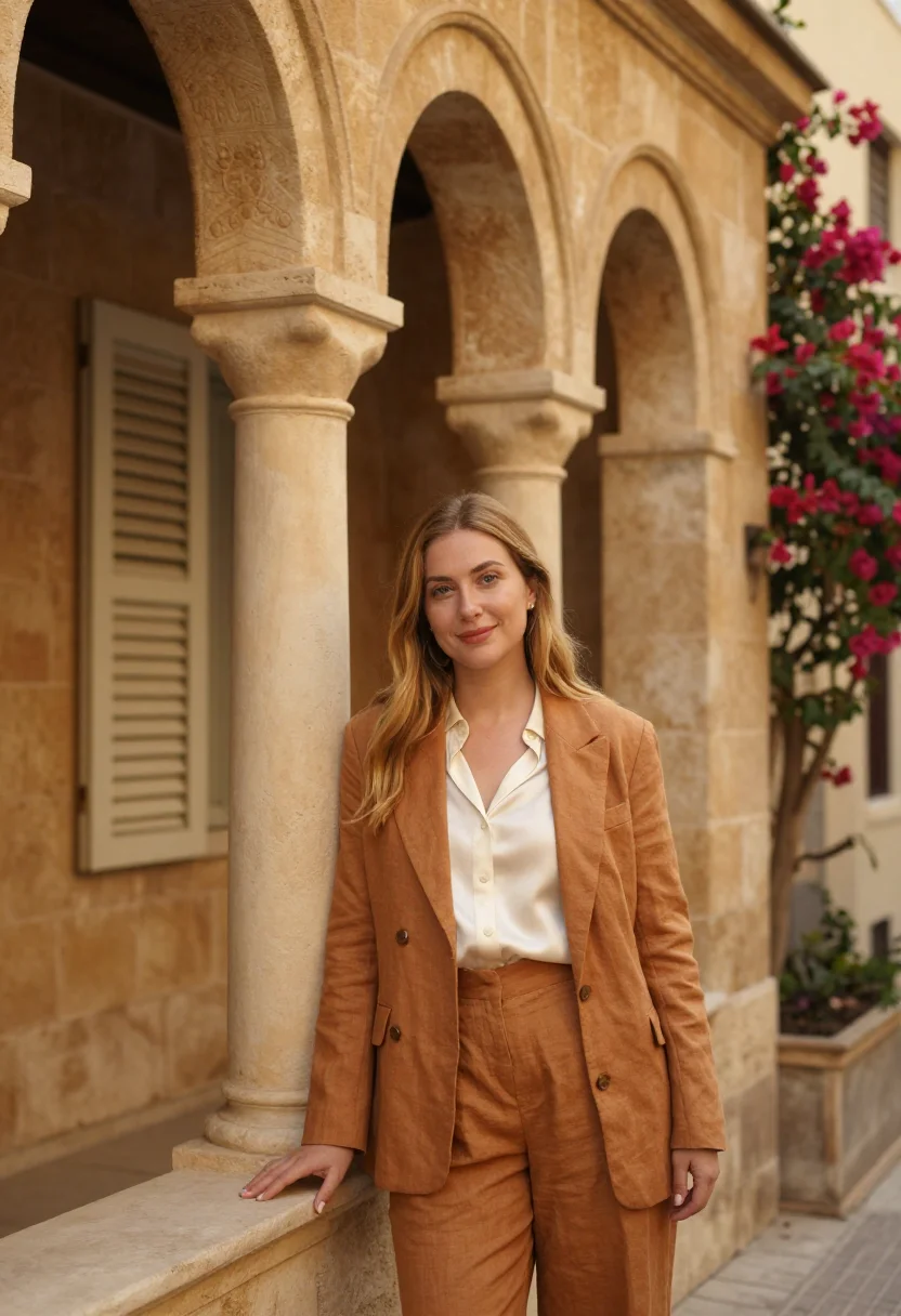 AI beirut architect ochre sandstone triple arch sample — portrait of a woman, an architect of French descent in her l