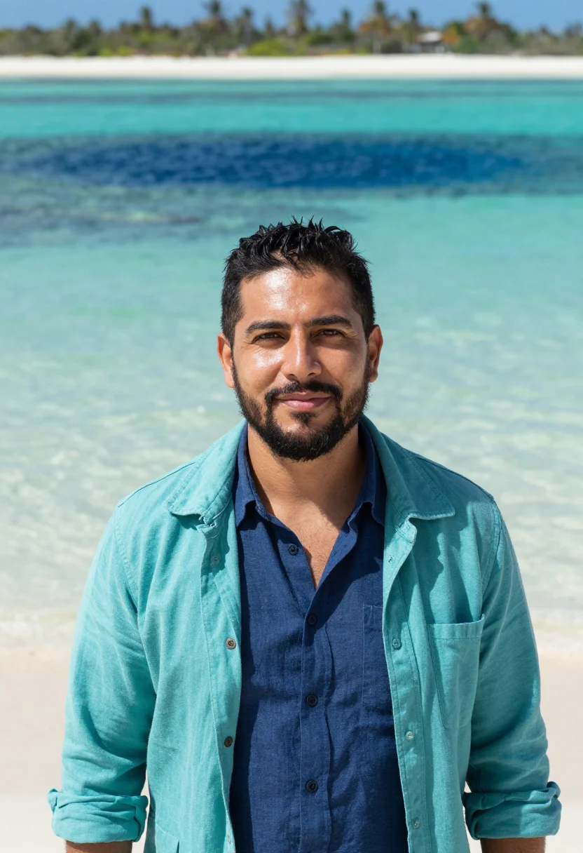 AI belize reef marine biologist blue hole sample — portrait of a man, a Mexican marine biologist in his early f