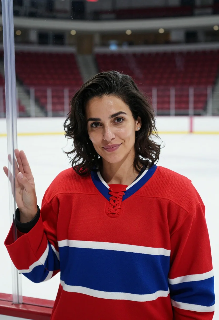 AI bell centre montreal canadiens bleu blanc rouge sample — portrait of a woman, a Italian-Canadian hockey fan in her mi