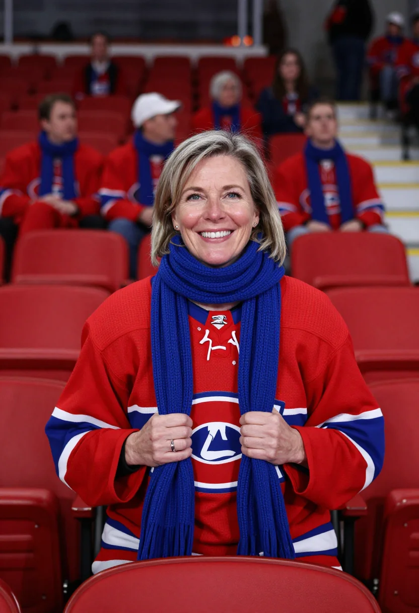 AI bell centre montreal canadiens bleu blanc rouge sample — portrait of a woman, a French-Canadian hockey fan in her mid