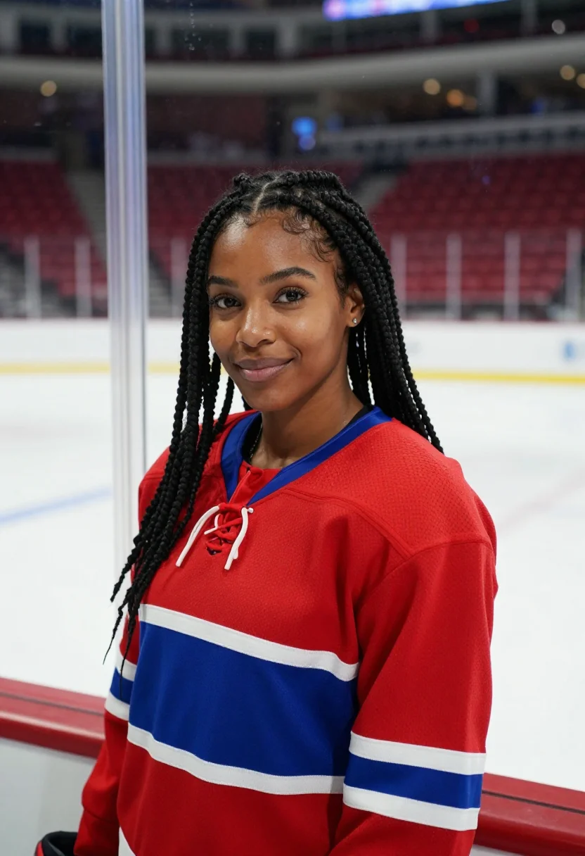 AI bell centre montreal canadiens bleu blanc rouge sample — portrait of a woman, a Haitian-Canadian hockey fan in her ea