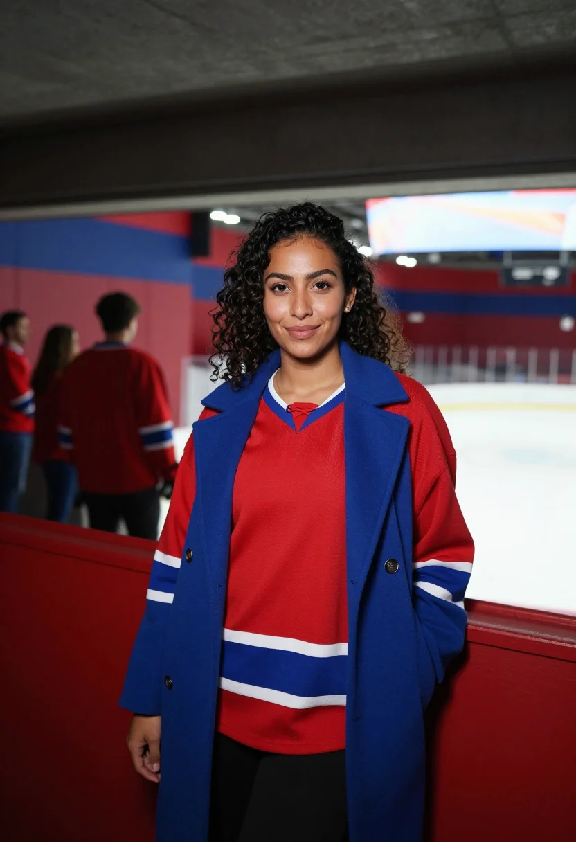 AI bell centre montreal canadiens bleu blanc rouge sample — portrait of a woman, a Moroccan-Canadian hockey fan in her m