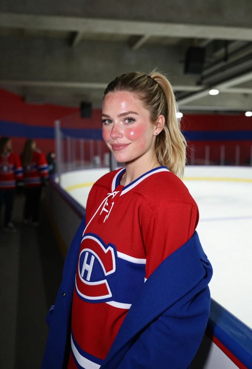 AI bell centre montreal canadiens bleu blanc rouge sample — portrait of a woman, a French-Canadian hockey fan in her ear