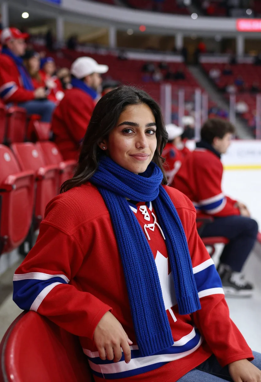 AI bell centre montreal canadiens bleu blanc rouge sample — portrait of a woman, a Lebanese-Canadian hockey fan in her l
