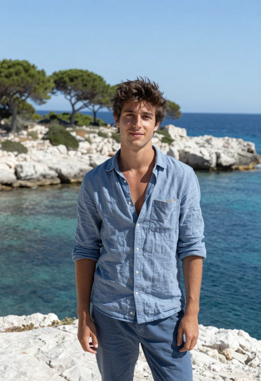 AI belmondo pierrot le fou porquerolles blue sample — portrait of a man, a Provençal man in his mid-twenties with