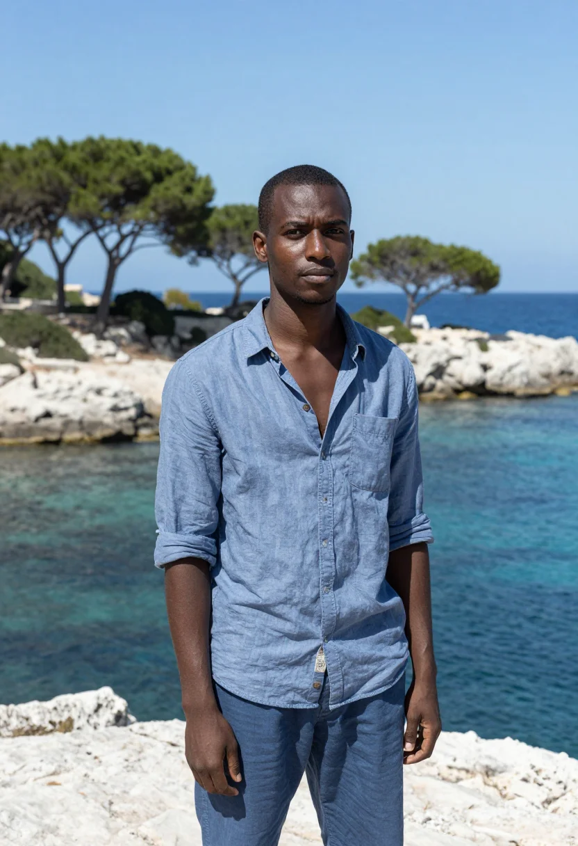 AI belmondo pierrot le fou porquerolles blue sample — portrait of a man, a Black French man of Martinican descent