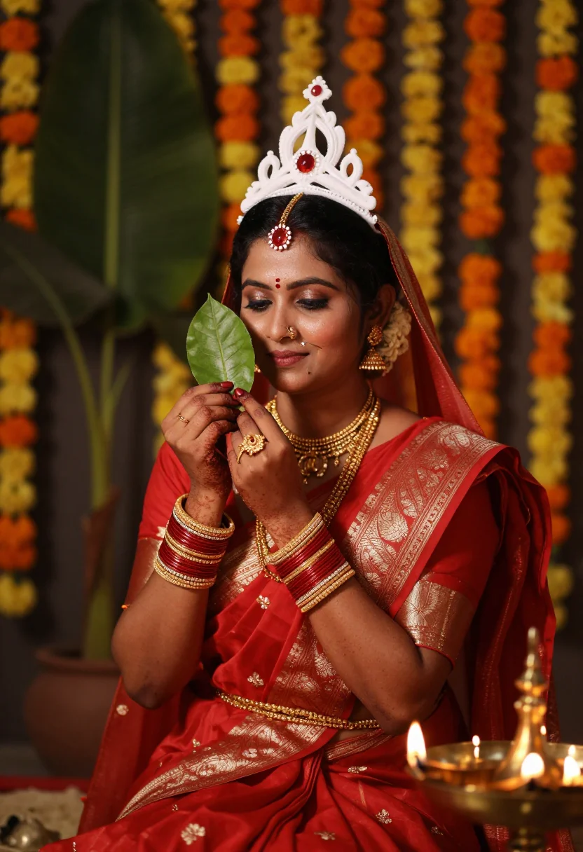AI bengali sample — three-quarter seated bridal portrait of a Bengali South-Asia