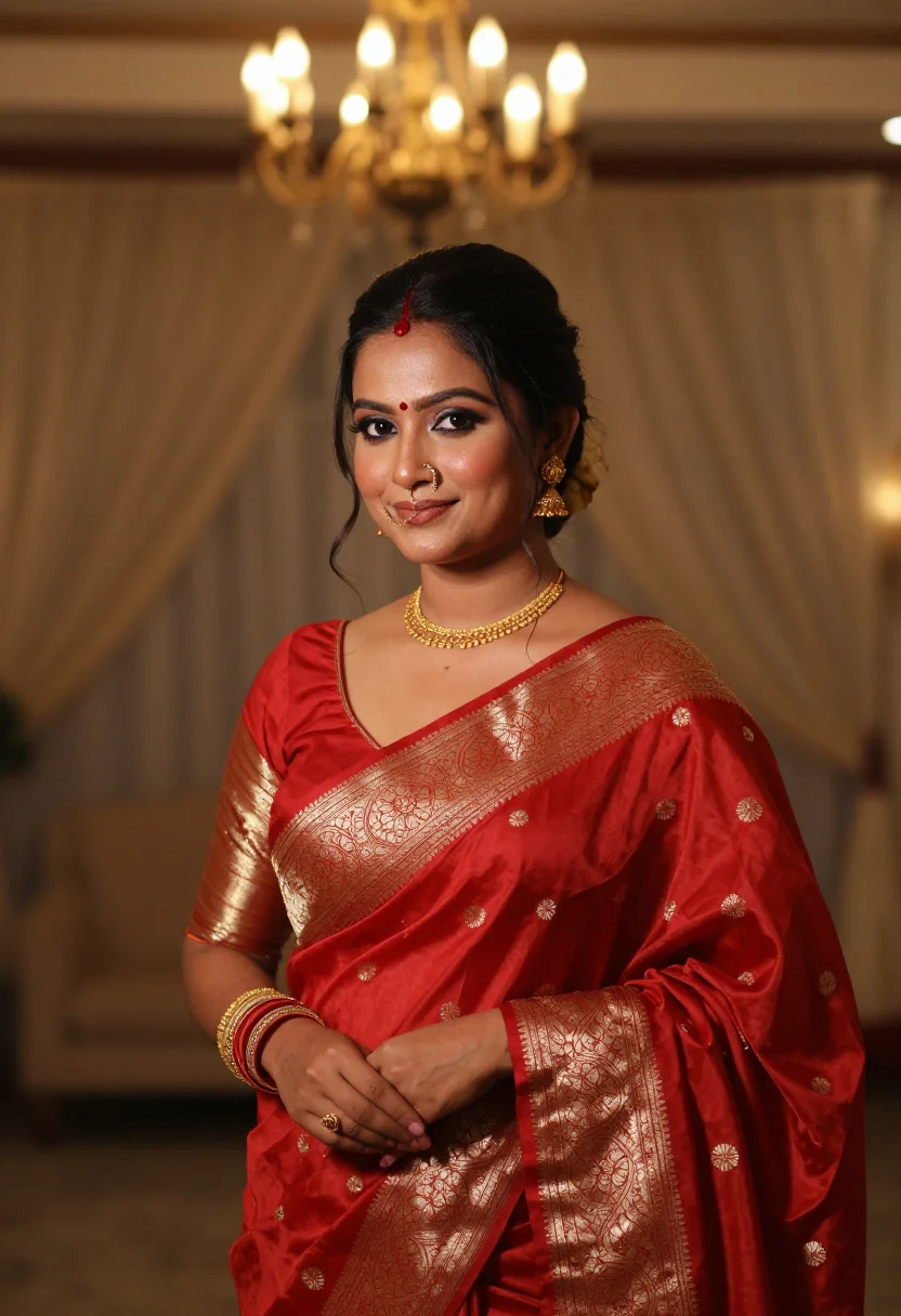 AI bengali sample — three-quarter reception bridal portrait of a Bengali South-A
