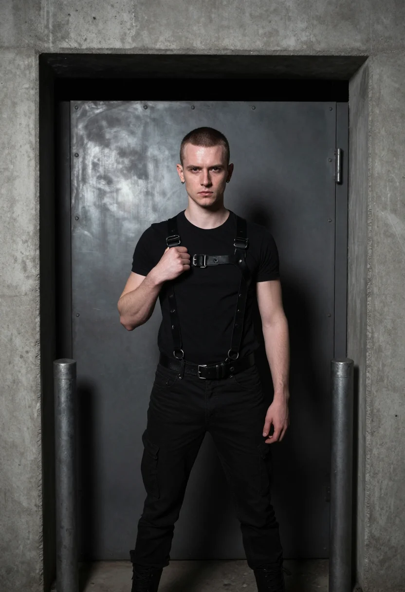 AI berghain queue sample — portrait of a clubgoer, half-length portrait of a white Germ