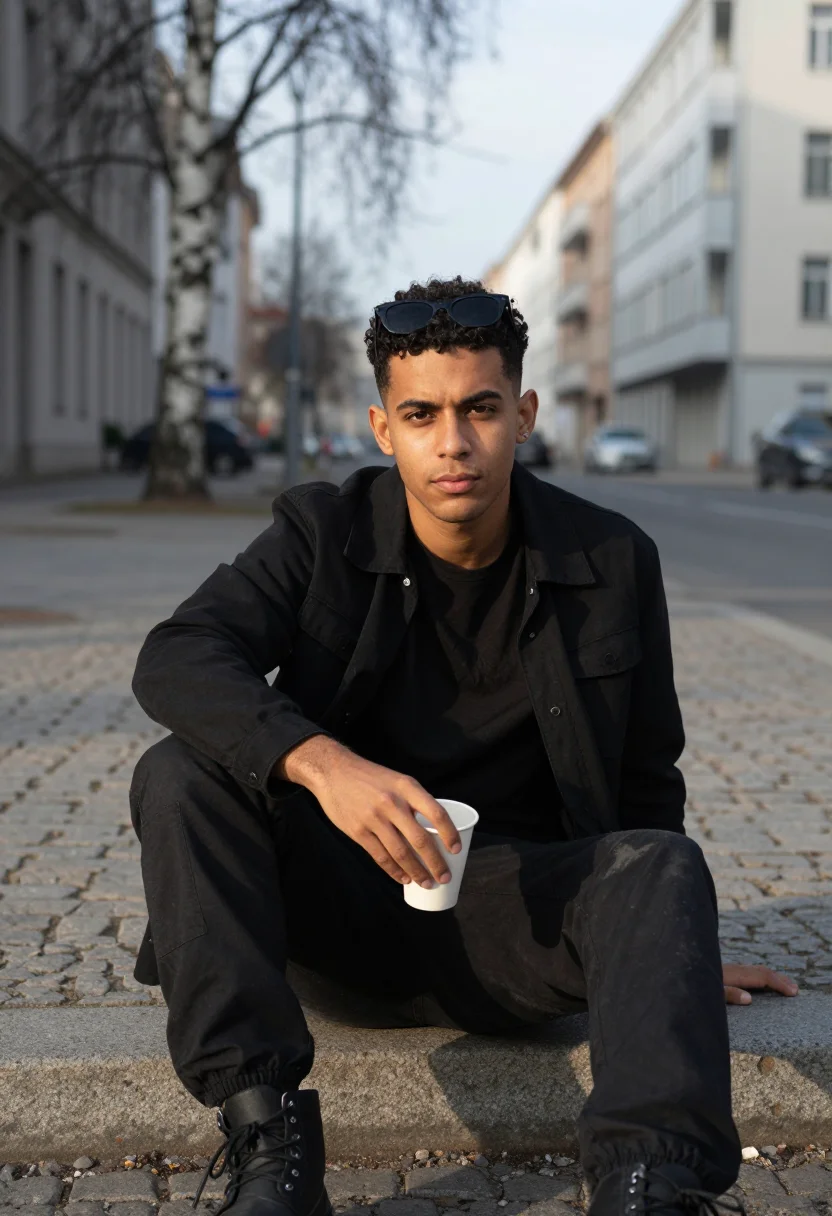 AI berghain queue sample — portrait of a clubgoer, half-length portrait of a Brazilian