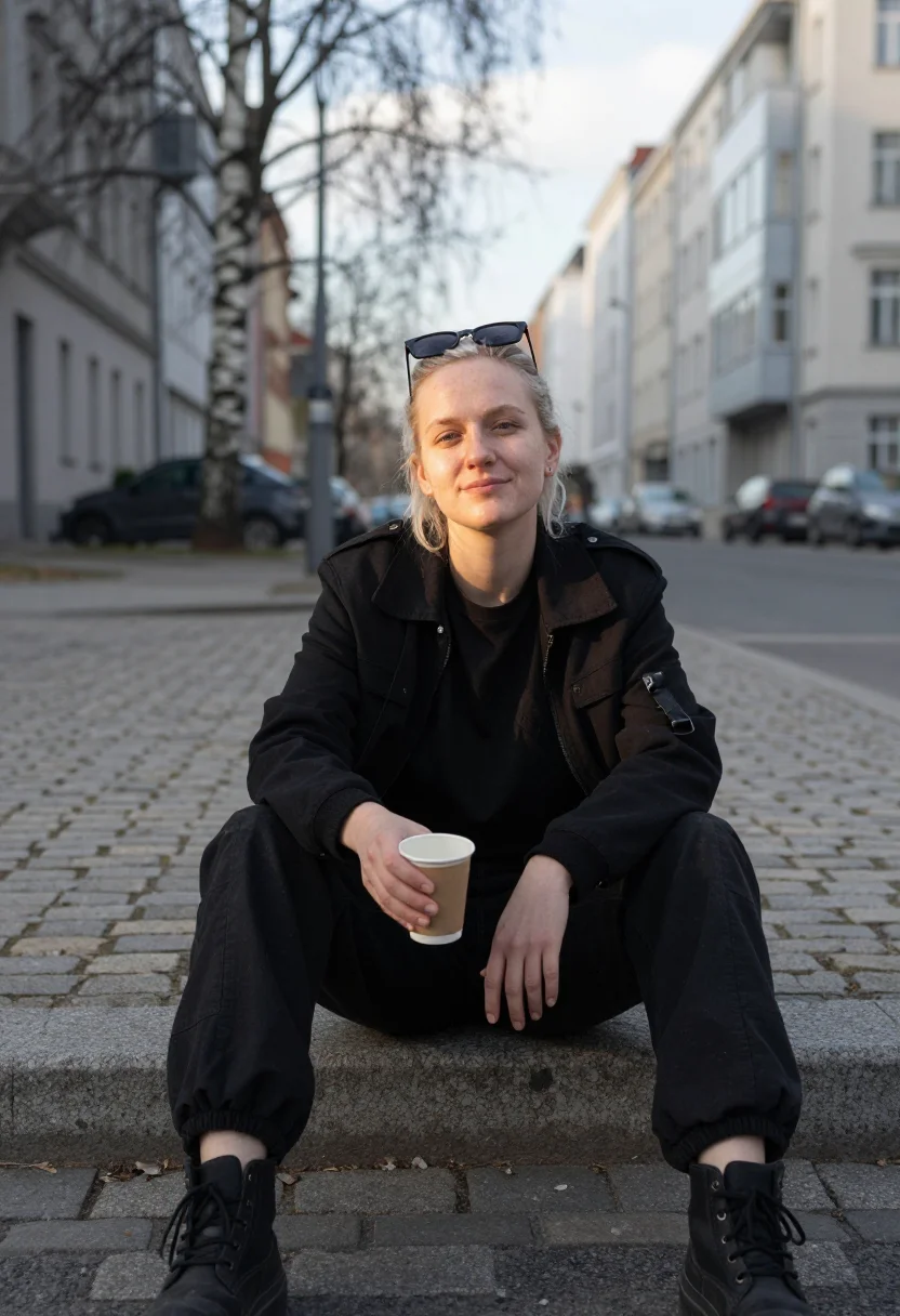 AI berghain queue sample — portrait of a clubgoer, three-quarter-length portrait of a P