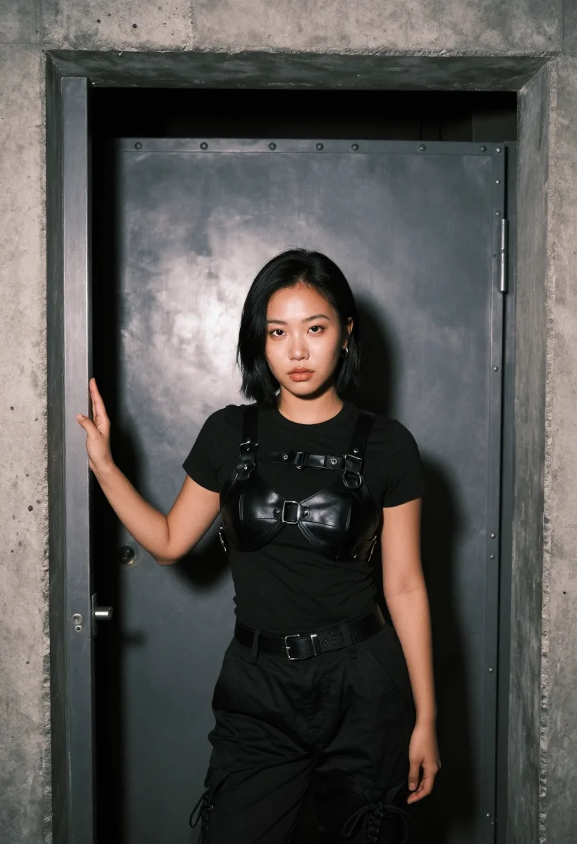 AI berghain queue sample — portrait of a clubgoer, chest-up portrait of a Korean-German
