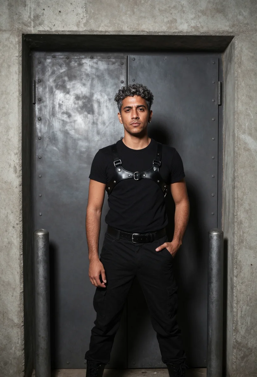 AI berghain queue sample — portrait of a clubgoer, three-quarter-length portrait of a S