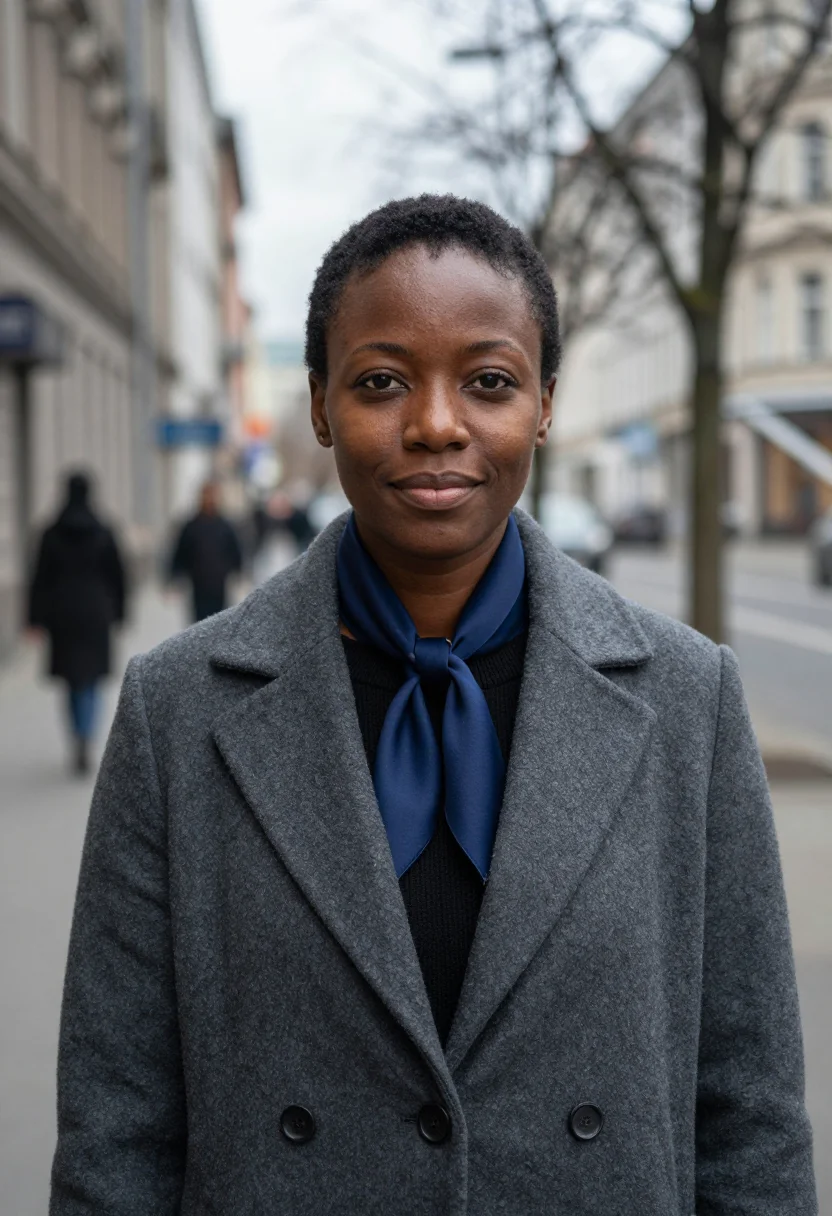 AI berlin gallerist anthracite cobalt sample — portrait of a gallerist, a Ghanaian-German woman in her mid-