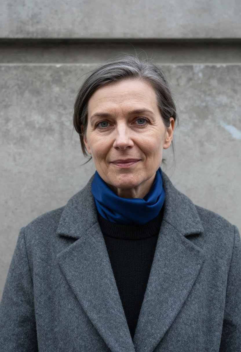 AI berlin gallerist anthracite cobalt sample — portrait of a gallerist, a German woman in her early fifties