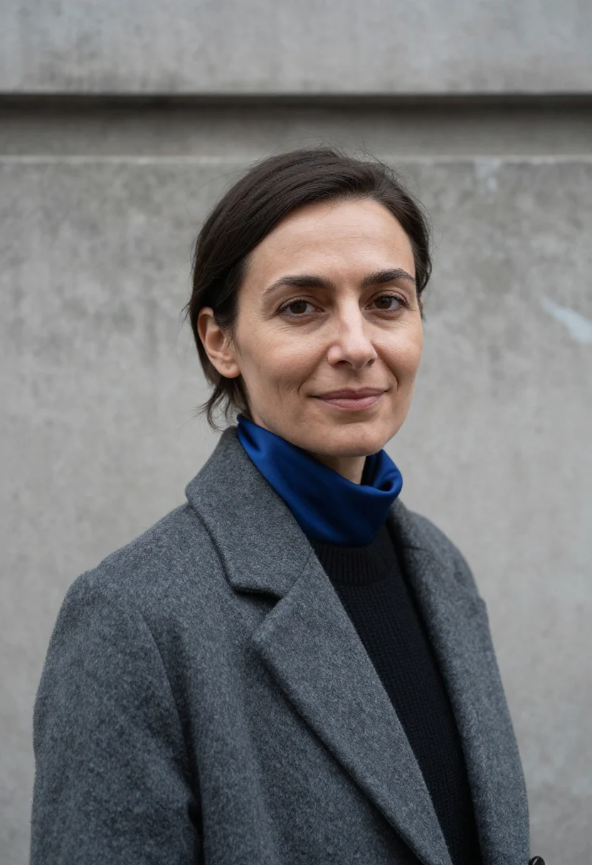 AI berlin gallerist anthracite cobalt sample — portrait of a gallerist, an Italian woman in her late thirti