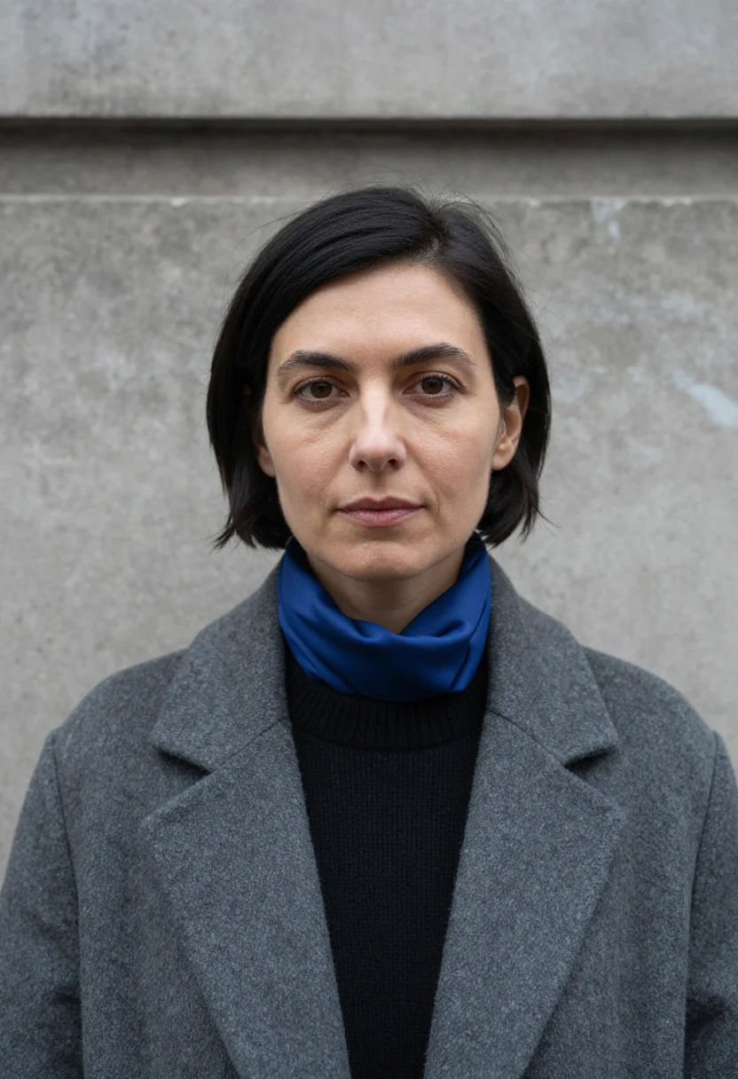AI berlin gallerist anthracite cobalt sample — portrait of a gallerist, a French woman in her mid-forties w
