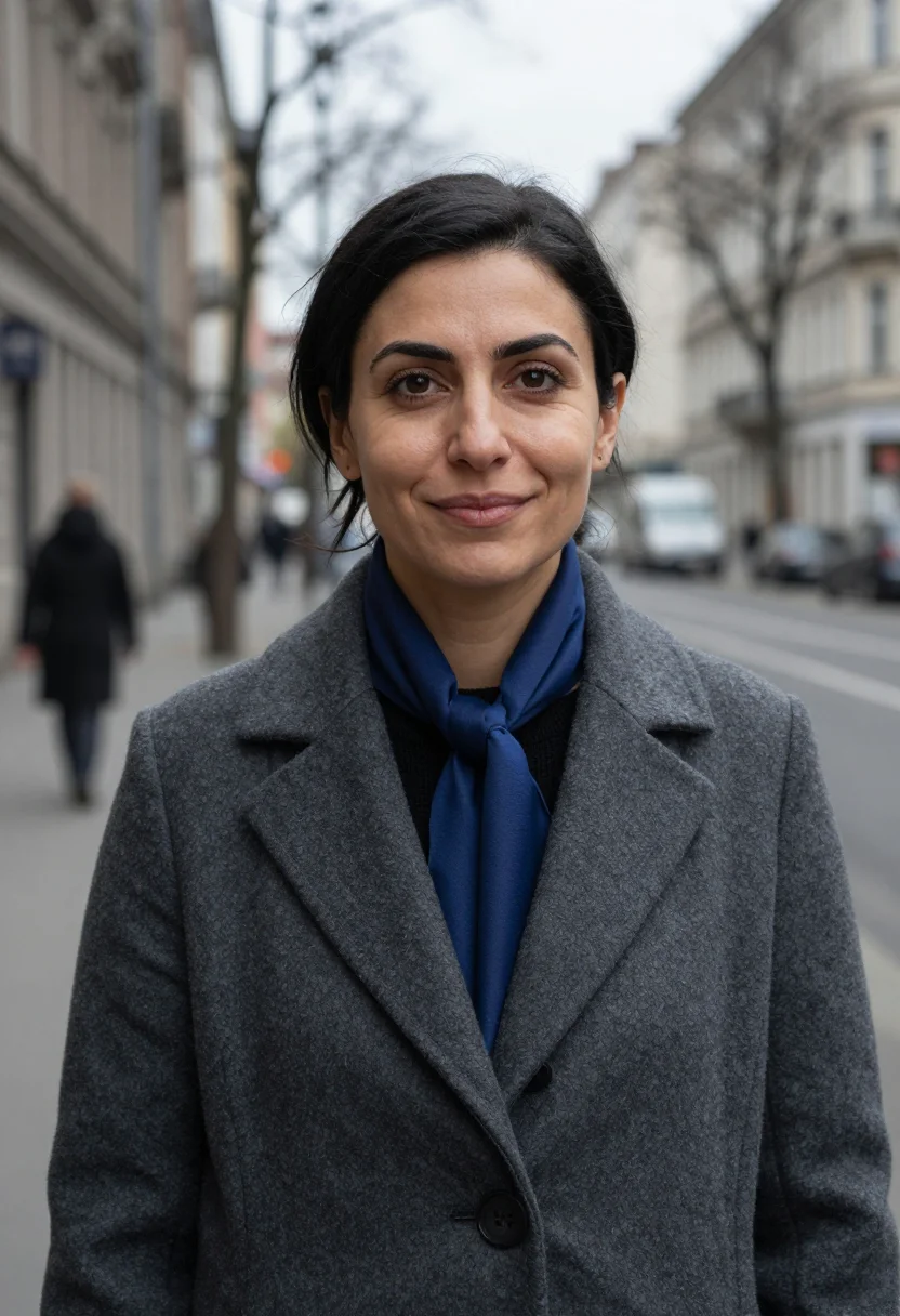 AI berlin gallerist anthracite cobalt sample — portrait of a gallerist, a Lebanese-German woman in her earl
