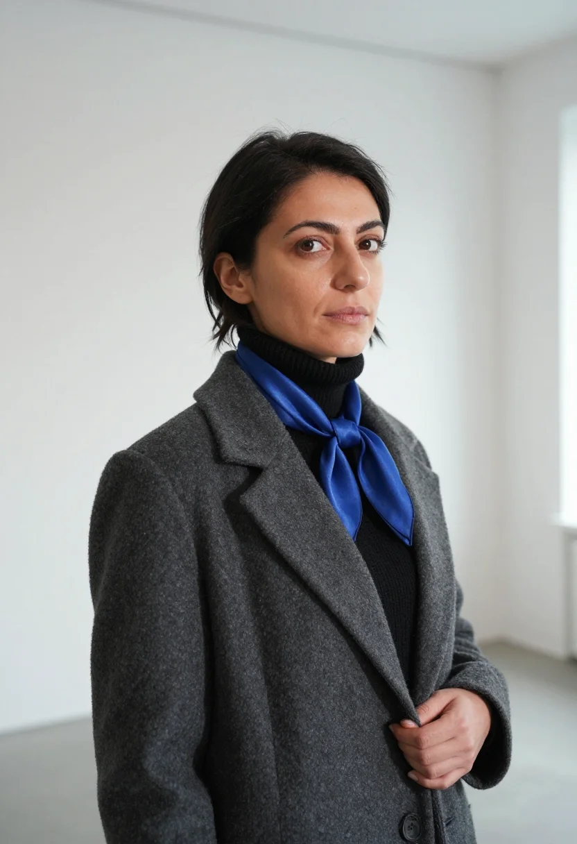 AI berlin gallerist anthracite cobalt sample — portrait of a gallerist, a Turkish-German woman in her early