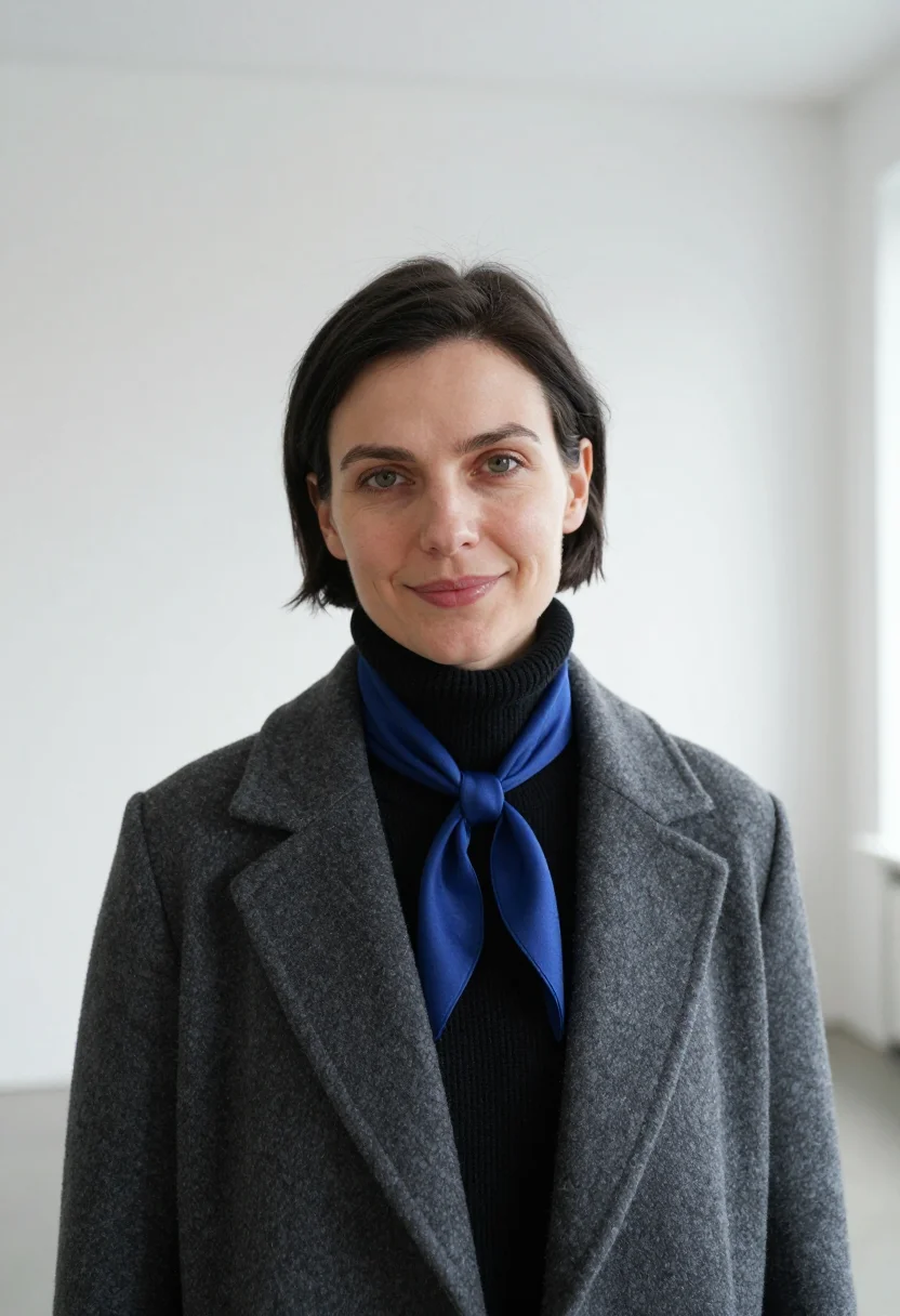 AI berlin gallerist anthracite cobalt sample — portrait of a gallerist, a Polish woman in her early thirtie